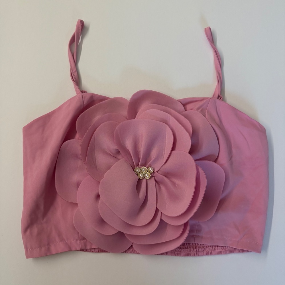 Pink Scallop Ruffle Crop Top Smocked Back Cami Sweetheart Neck Sleeveless